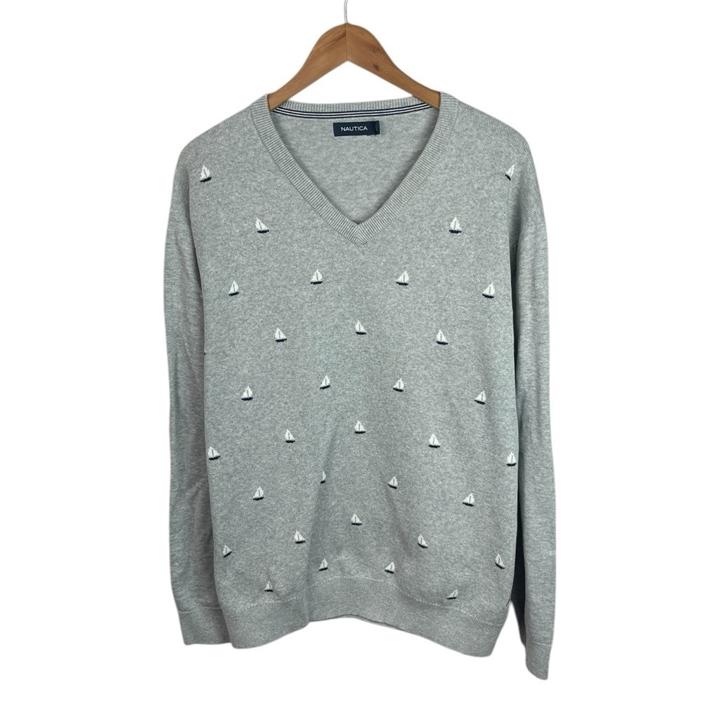 B21 Men’s Nautica Brand Preppy Sailboat Print V Neck Pullover Sweater XXL